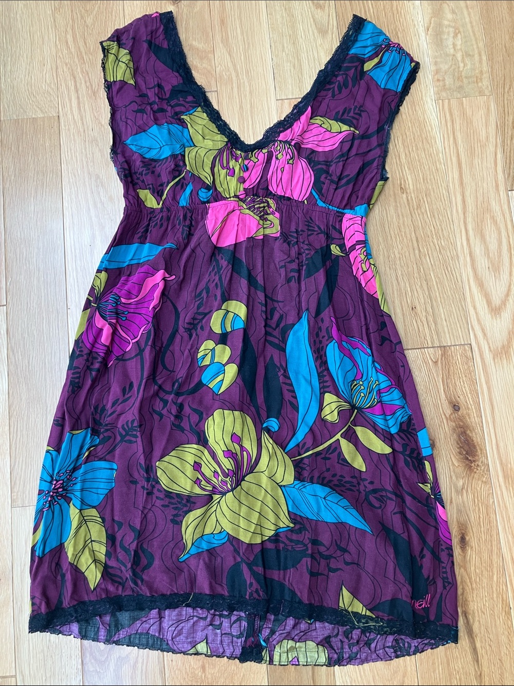 O'Neill Plum Floral V-Neck Sundress with Blue, Pink & Lime Accents